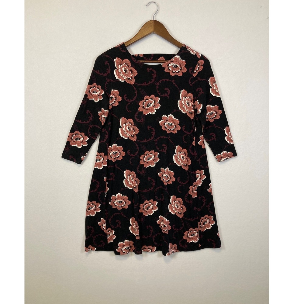 Loft Outlet Petite Womens Black Floral 3/4 Sleeve Swing‎ Dress SP Cutout Back